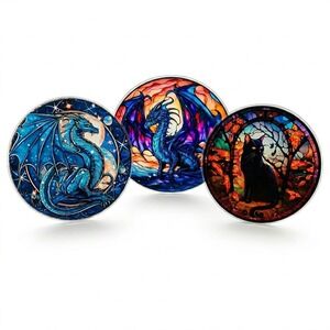 Dragon Cat Stained Glass Style Acrylic Gothic Suncatcher 3 Piece Set Blue Orange